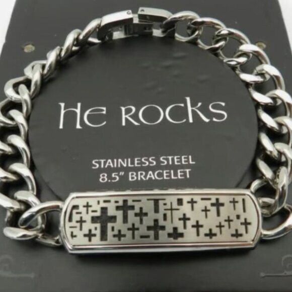 Mens He Rocks Christian Cross Stainless Steel Link Bracelet 8 1/2